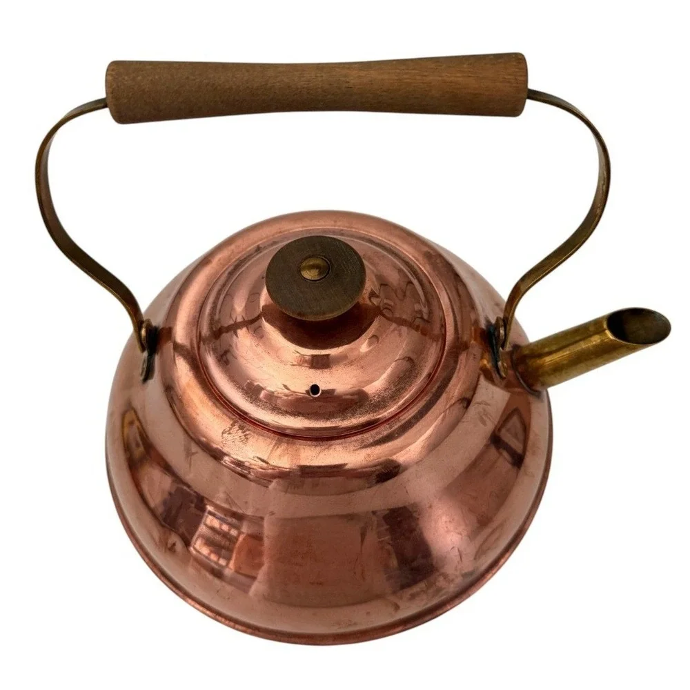 Vintage Hammered Spartan Copper Tea Kettle Stovetop Pot Brass Handle Wood Grip
